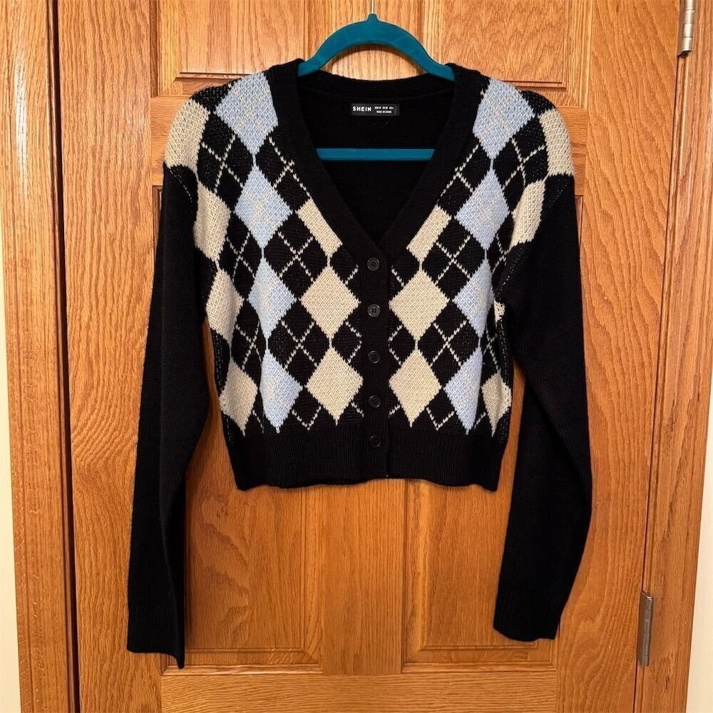 SHEIN Women's Argyle Knit Cardigan Sweater Multicolor Size 6 M NWOT